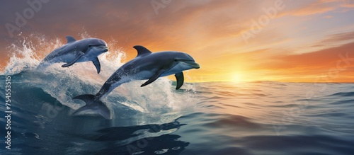 Graceful Dolphins Leaping Amid Glowing Sunset Waters in Spectacular Display