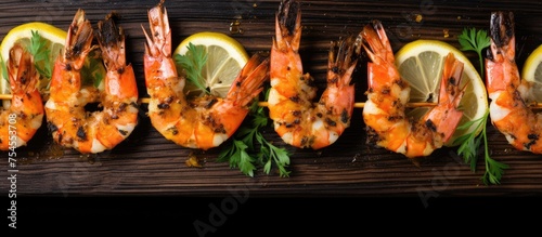 Fresh Seafood Delicacy: Line of Tasty Shrimps Garnished with Zesty Lemon and Fresh Herbs
