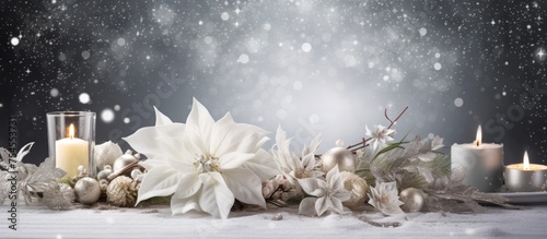 Festive Christmas Background Illuminated by Candles and Adorned with Beautiful Flowers