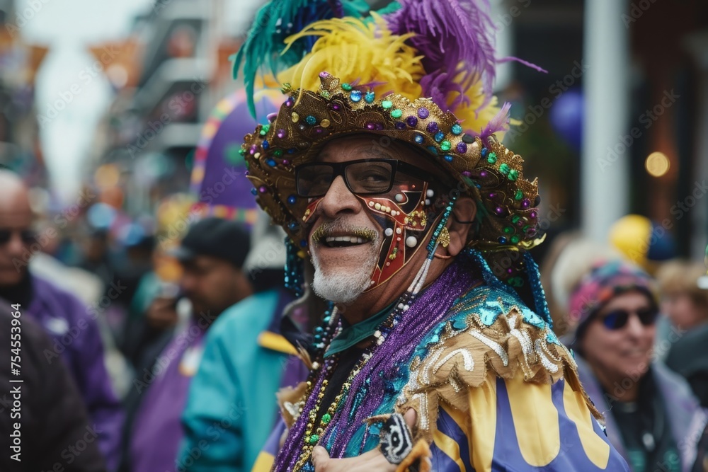 A colorful man adorned in a festive Mardi Gras costume confidently walks down the bustling street.