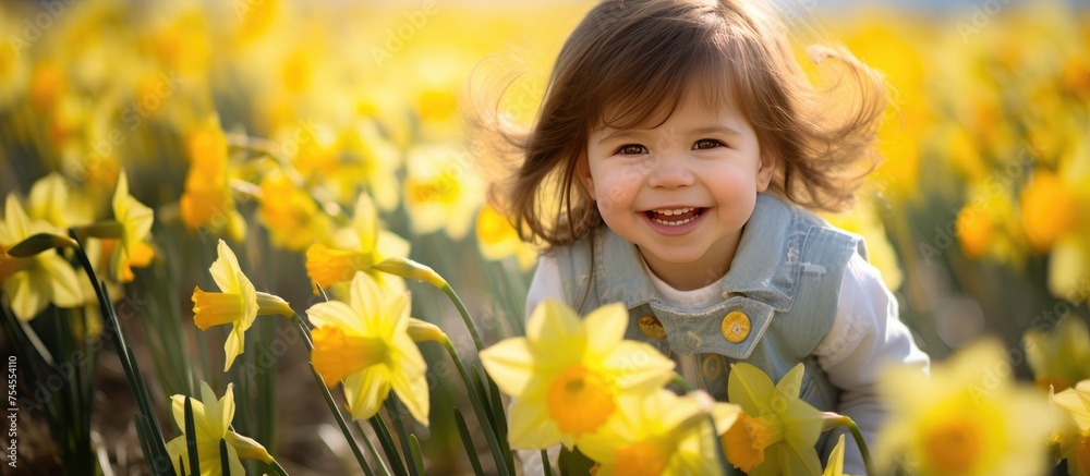A young girl with a joyful expression is smiling while standing among a field of vibrant flowers. She appears to be enjoying herself in the midst of yellow daffodils. A young girl with a joyful expression is smiling while standing among a field of vibrant flowers. She appears to be enjoying herself in the midst of yellow daffodils.