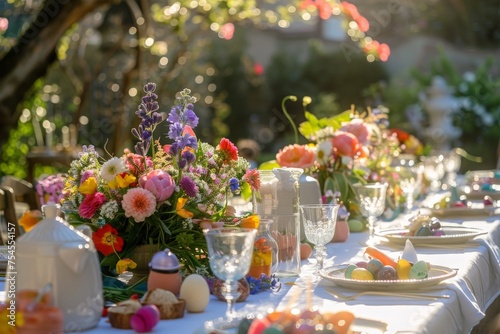 A long table adorned with a variety of plates and glasses, set for a family gathering during Easter brunch in a sunlit space.