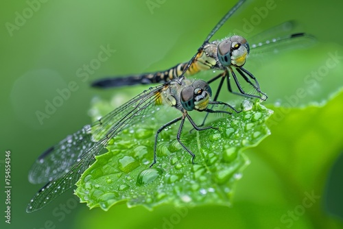 A pair of delicate flies gracefully perched on a vibrant green leaf in a tranquil moment of stillness.