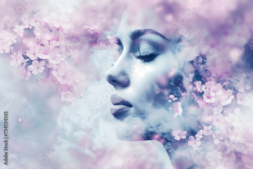 Ethereal profile of a woman blended with delicate pink flowers © Natalya
