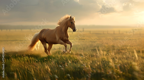 galloping brown horse on wide green grass field 