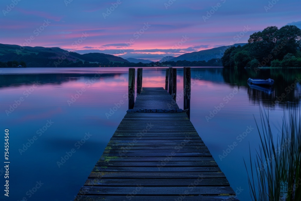 A dock peacefully sits in the middle of a calm lake, reflecting the surrounding natural beauty as the sun rises in the background.