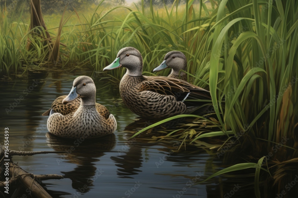 Ducks on the lake, in long green reeds. Ducks on the lake, in long green reeds.