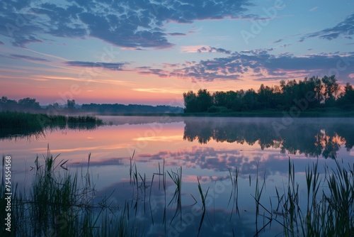 The serene moment of dawn breaking over a body of water with lush trees in the background. photo