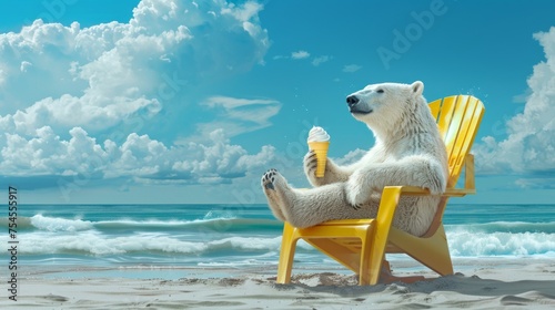 polar bear is sitting on a yellow plastic chair on a sandy beach and enjoying a vanilla ice cream in a yellow cone. Summer holidays vibes photo