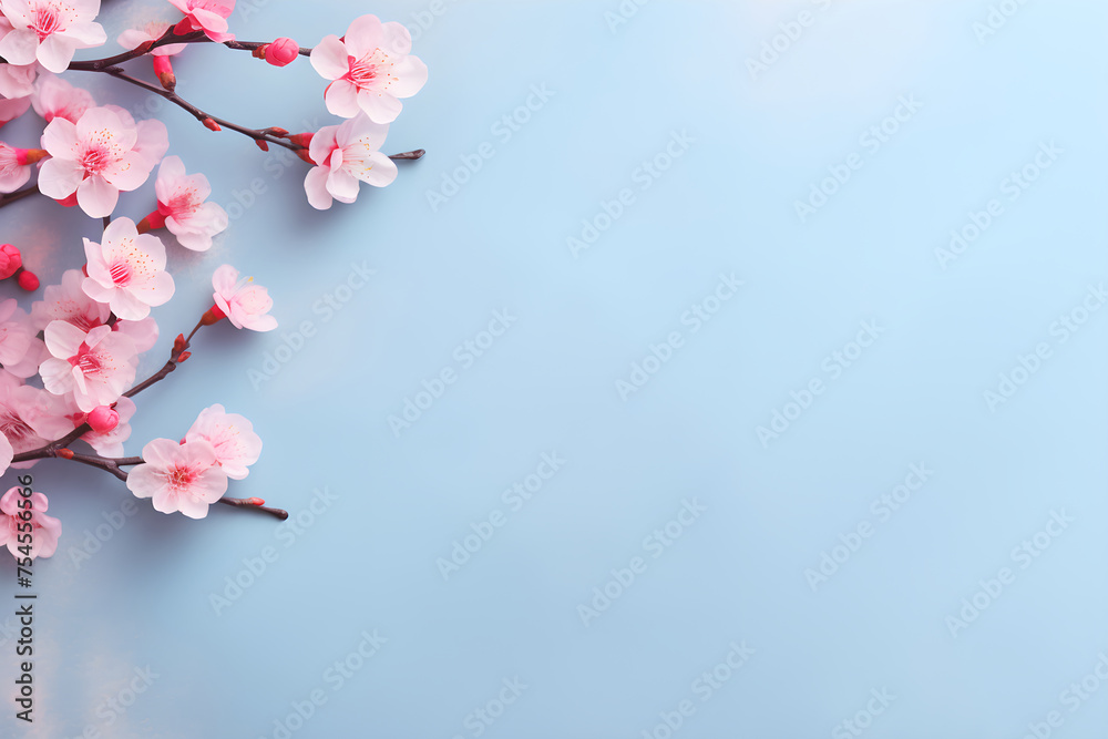 Banner with white and pink flowers on light blue background. Greeting card template for wedding, Mother's or Women's day. Springtime composition with copy space. Flat lay, top view