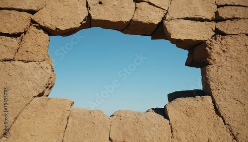 Vintage defunct old brick wall with a round hole overlooking the sea and blue sky. Old abstract architecture, destroyed dam
