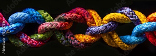 Colorful Rope Knots, Team rope teamwork unity diverse strength connect partnership concept, Strong diverse network rope team concept