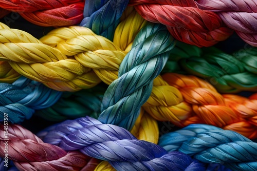 Colorful Rope Knots, Team rope teamwork unity diverse strength connect partnership concept, Strong diverse network rope team concept