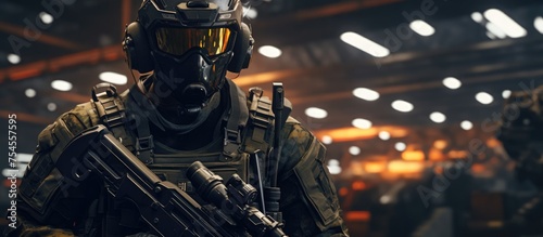 A man wearing a helmet and holding a rifle, resembling a special forces soldier, stands in a hangar. The scene conveys a futuristic military concept with a sci-fi vibe. The soldier appears prepared photo