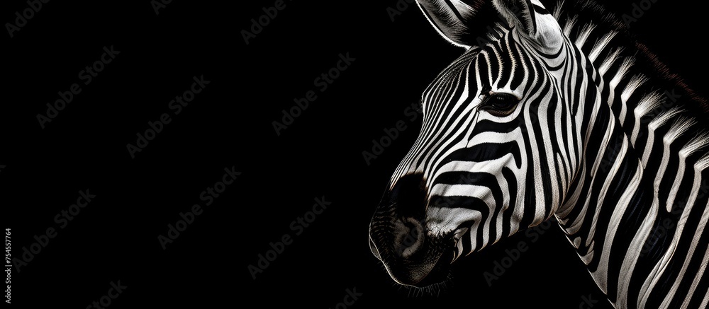 Fototapeta premium A close-up black and white shot showcasing the distinctive stripes and features of a zebras head against a dark background, highlighting its unique and iconic appearance.