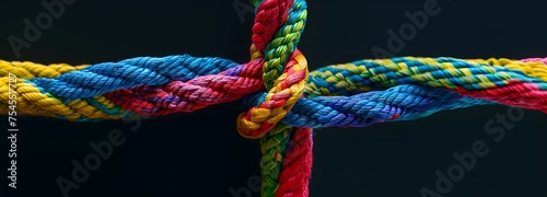 Colorful Rope Knots, Team rope teamwork unity diverse strength connect partnership concept, Strong diverse network rope team concept