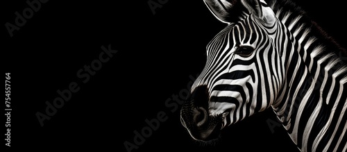 A close-up black and white shot showcasing the distinctive stripes and features of a zebras head against a dark background  highlighting its unique and iconic appearance.