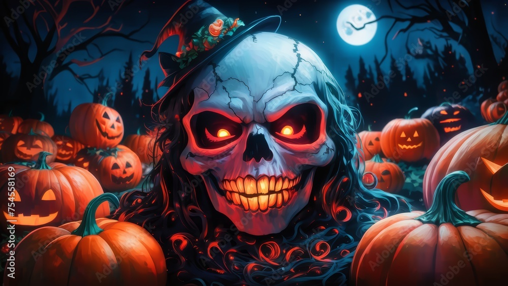 Spooky halloween background of skull, with pumpkins, Generative Ai