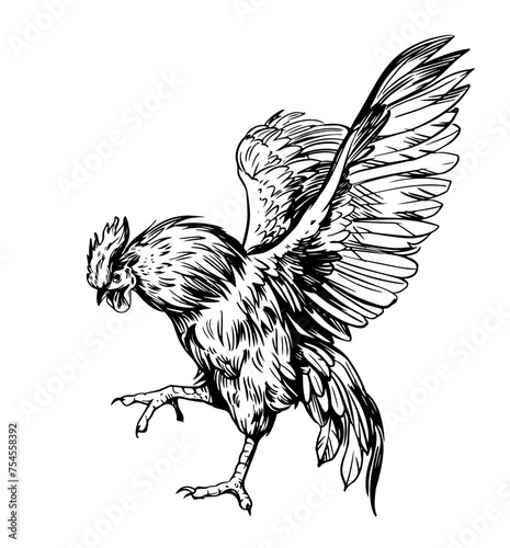 Rooster, angry bird, sketch illustration, hand drawn, black outline, engraving style