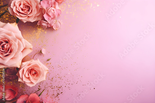 Pink rose flowers on pastel background with golden glitter. Greeting card for Women s or Mother s day or spring sale banner. Valentine s Day  birthday celebration. Flat lay  top view  copy space