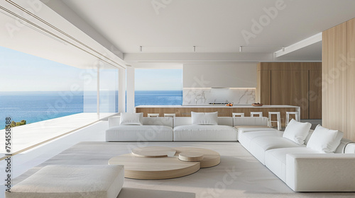 beautiful interior design, gentle and bright tones that exude elegance, in the background is the open sea that can be seen through the large window