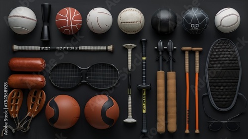 Sports equipment encompasses a diverse array of gear used for various physical activities, ranging from balls, bats, and rackets to protective gear like helmets and pads.  photo