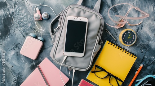 A hipster grey leather backpack filled with school supplies, including a blank-screen cell phone, earphones, a pink and yellow notebook, glasses, and a mini alarm clock photo