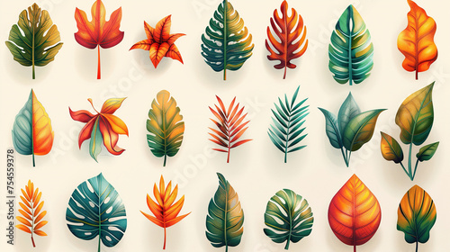 set of different leaf icons on white background , Tropical green flowers and leaves exotic set of isolated element greeting cards , covers, banners and posters for walls, beautiful paint art 