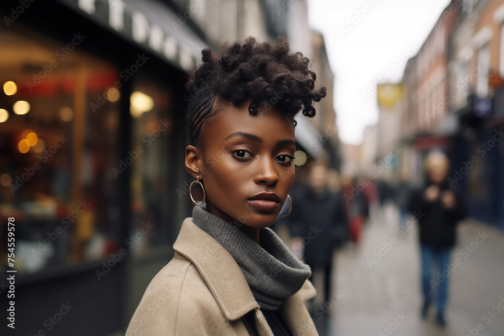 Black Beautiful Woman in her 20s or 30s talking head shoulders shot bokeh out of focus background on a cosmopolitan western street vox pop website review or questionnaire candid photo - obrazy, fototapety, plakaty 