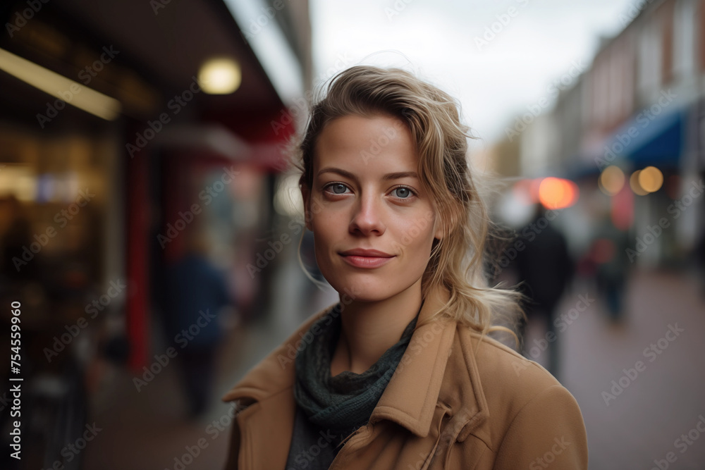 Obraz premium White Beautiful Woman in her 20s or 30s talking head shoulders shot bokeh out of focus background on a cosmopolitan western street vox pop website review or questionnaire candid photo