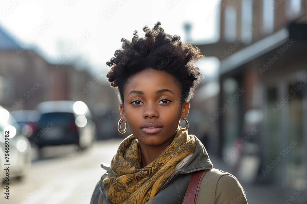 Black Beautiful Woman in her 20s or 30s talking head shoulders shot bokeh out of focus background on a cosmopolitan western street vox pop website review or questionnaire candid photo - obrazy, fototapety, plakaty 