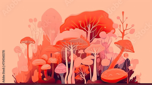 peach mushroom illustrations that are suitable for making stickers or printing and making various cute and unique items, Cartoon psychedelic style. Bright hippie characters and retro elements.