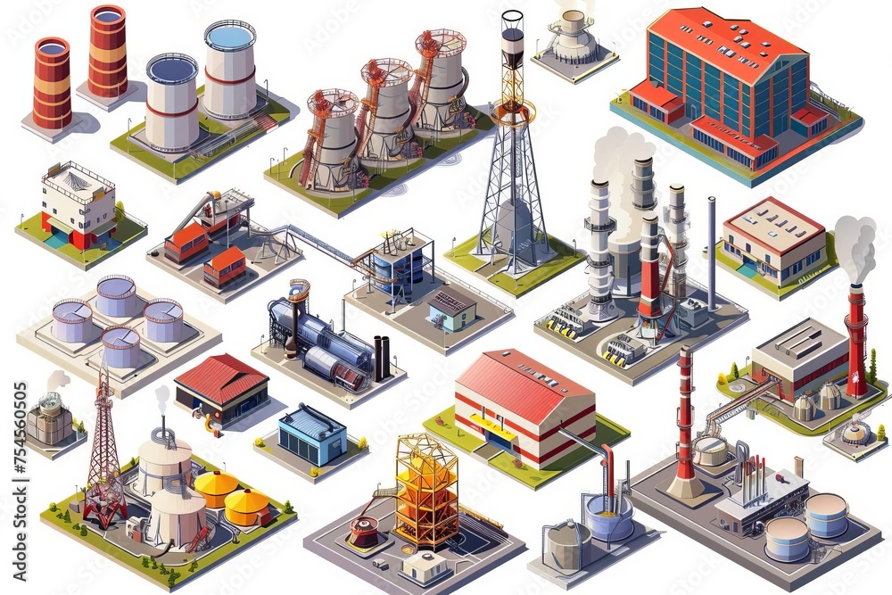 Comprehensive set of industrial facilities in detailed isometric design Showcasing energy production methods
