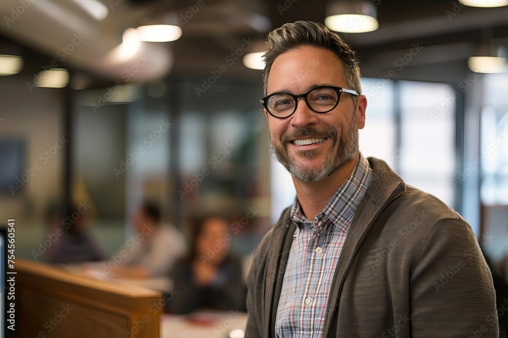 Confident business professional in a dynamic office setting Team collaboration visible in the background Confident business professional in a dynamic office setting Team collaboration visible in the background