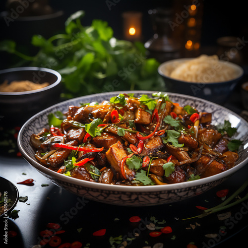 top view, fried chicken with chinese mushrooms, tender chicken pieces cooked in aromatic spicy sweet sauce with juicy mushrooms and crispy bamboo shoots