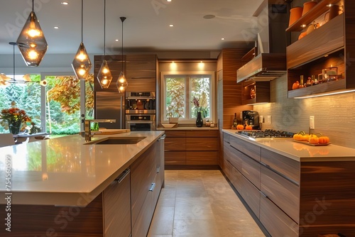 Contemporary kitchen in autumn theme with natural wood accents and seasonal decorations