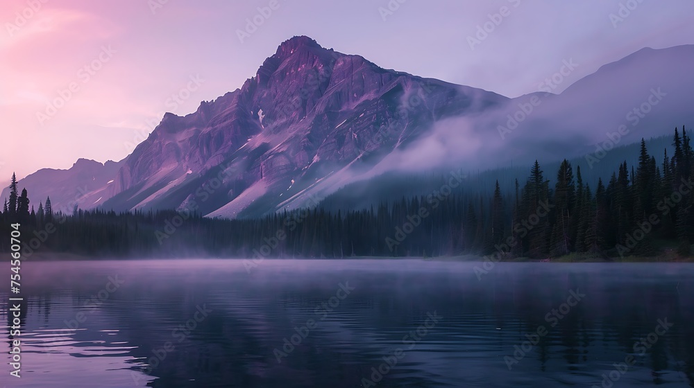 mountain in a lake at evening,
