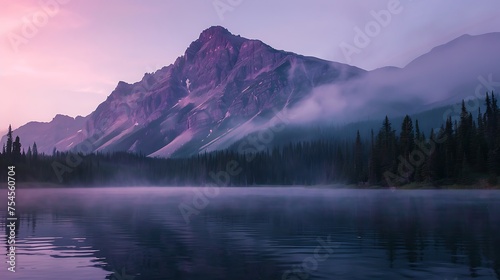 mountain in a lake at evening,