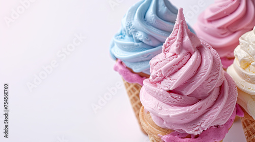 summer creamy cold ice creams , vanilla , chocolate, strawberry, cones flavour, with space for text , cards , summer greetings 