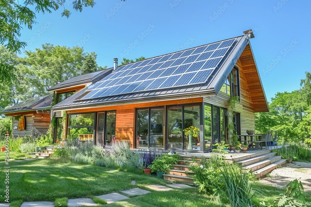 Eco-conscious home featuring solar panels and sustainable design elements for energy efficiency Eco-conscious home featuring solar panels and sustainable design elements for energy efficiency
