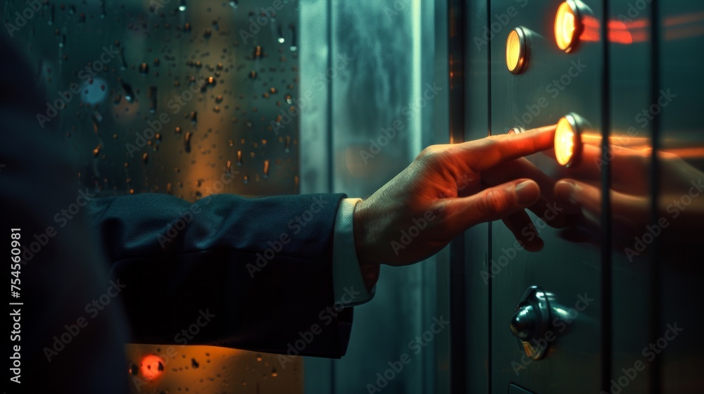 A man's hand presses an elevator button, symbolizing ascension and progress towards success - obrazy, fototapety, plakaty 