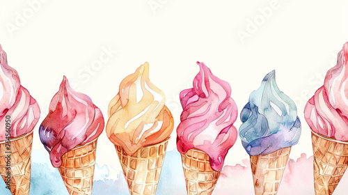 summer creamy cold ice creams , vanilla , chocolate, strawberry, cones flavour, watercolor art,  with space for text , cards , summer greetings	
 photo