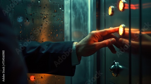 A man's hand presses an elevator button, symbolizing ascension and progress towards success