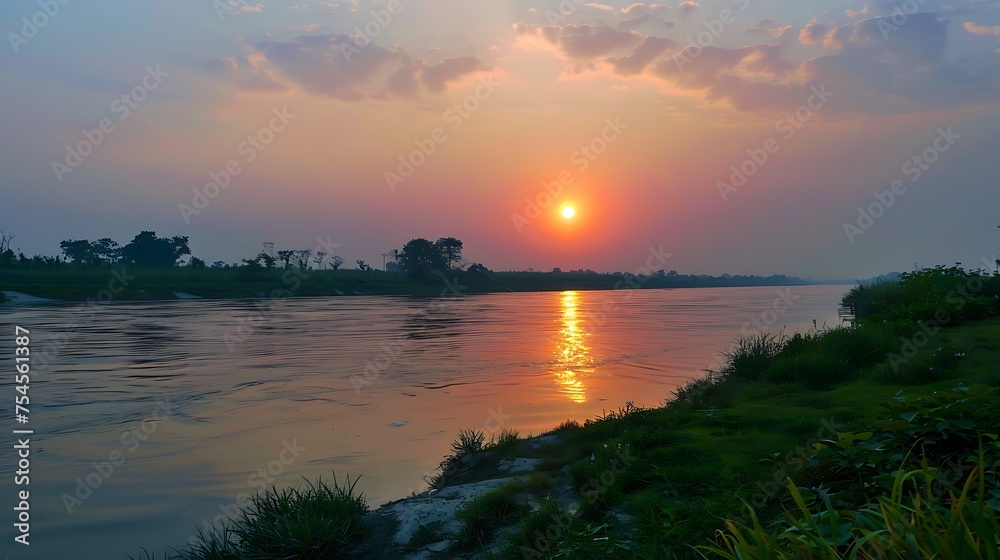 sun set at the bank of river,