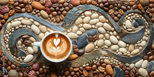 Enchanting Coffee Cup Adorned with Bean Patterns. Concept Coffee Advertisements, Bean Art, Kitchen Decor, Morning Rituals, Unique Designs