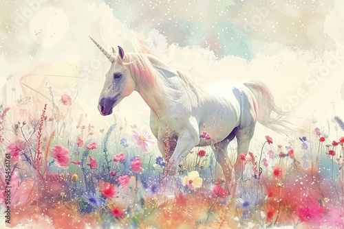 Magical unicorn in a floral meadow Whimsical illustration with a watercolor effect