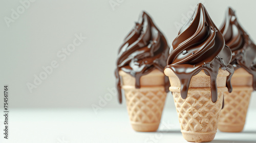 Set of three chocolate ice cream in waffle cone isolated on white background. sprinkles, chocolate, vanilla, summer icecreams 