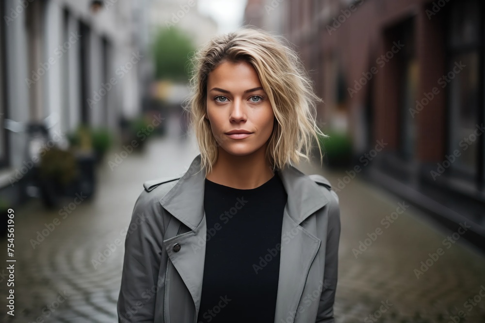 White Beautiful Woman in her 20s or 30s talking head shoulders shot bokeh out of focus background on a cosmopolitan western street vox pop website review or questionnaire candid photo - obrazy, fototapety, plakaty 