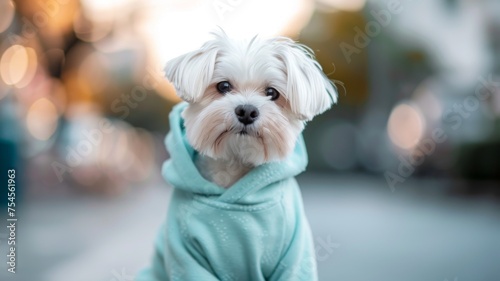 Fototapeta Naklejka Na Ścianę i Meble -  A white dog with a blue sweater sitting in the streets with a blurred bokeh background, dog clothes, a dog dressed in clothes