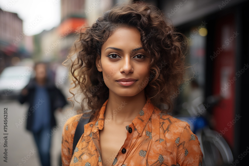 Indian Beautiful Woman in her 20s or 30s talking head shoulders shot bokeh out of focus background on a cosmopolitan western street vox pop website review or questionnaire candid photo - obrazy, fototapety, plakaty 
